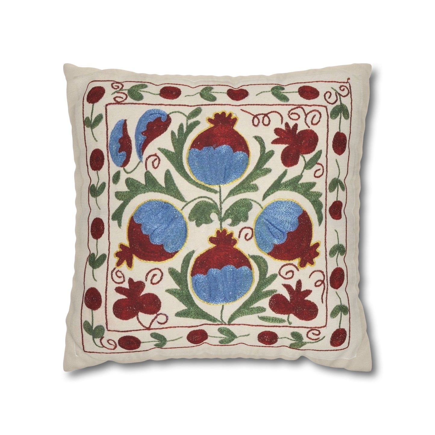 Blue Pomegranate Pillow Cover - Cream, Burgundy & Olive Green