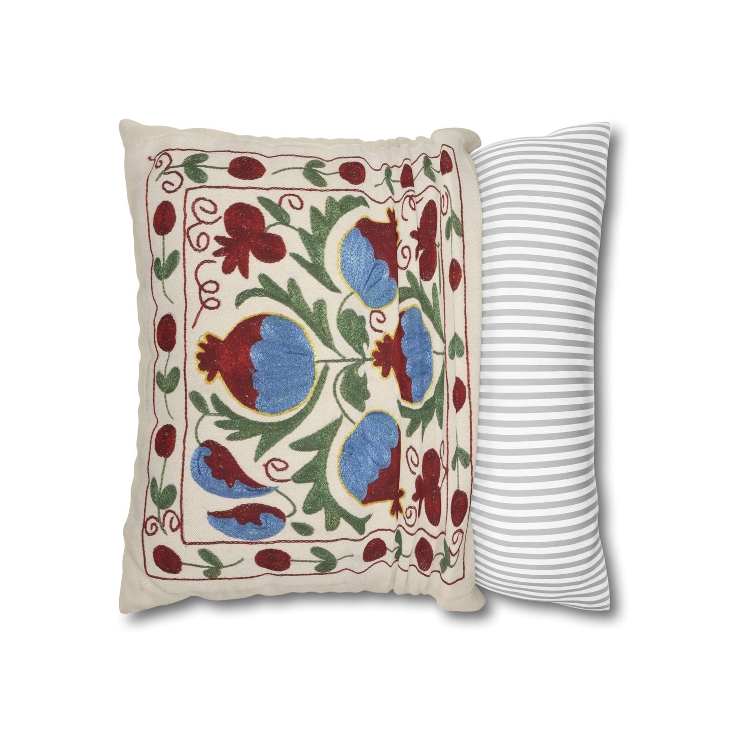 Blue Pomegranate Pillow Cover - Cream, Burgundy & Olive Green