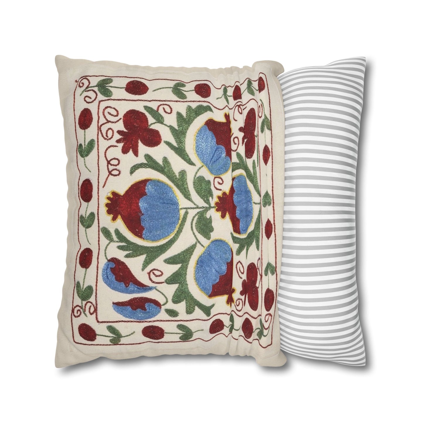 Blue Pomegranate Pillow Cover - Cream, Burgundy & Olive Green
