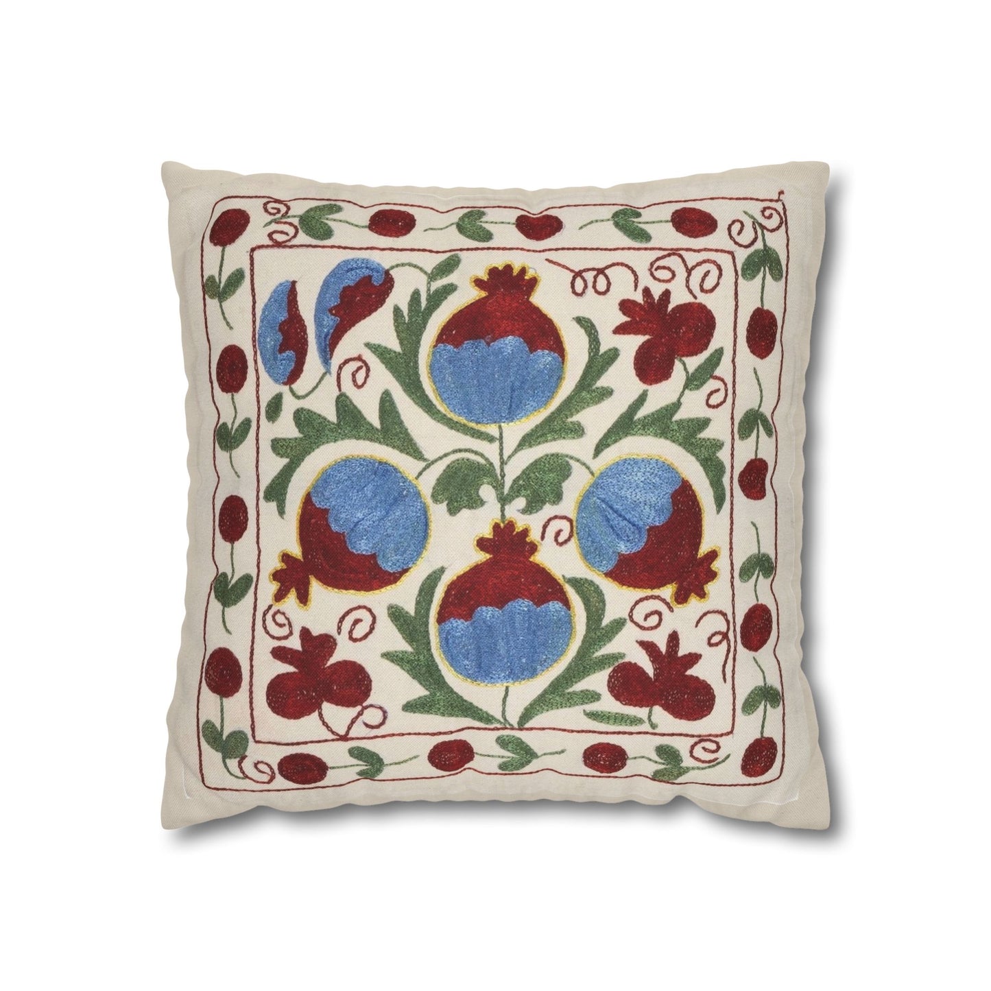 Blue Pomegranate Pillow Cover - Cream, Burgundy & Olive Green