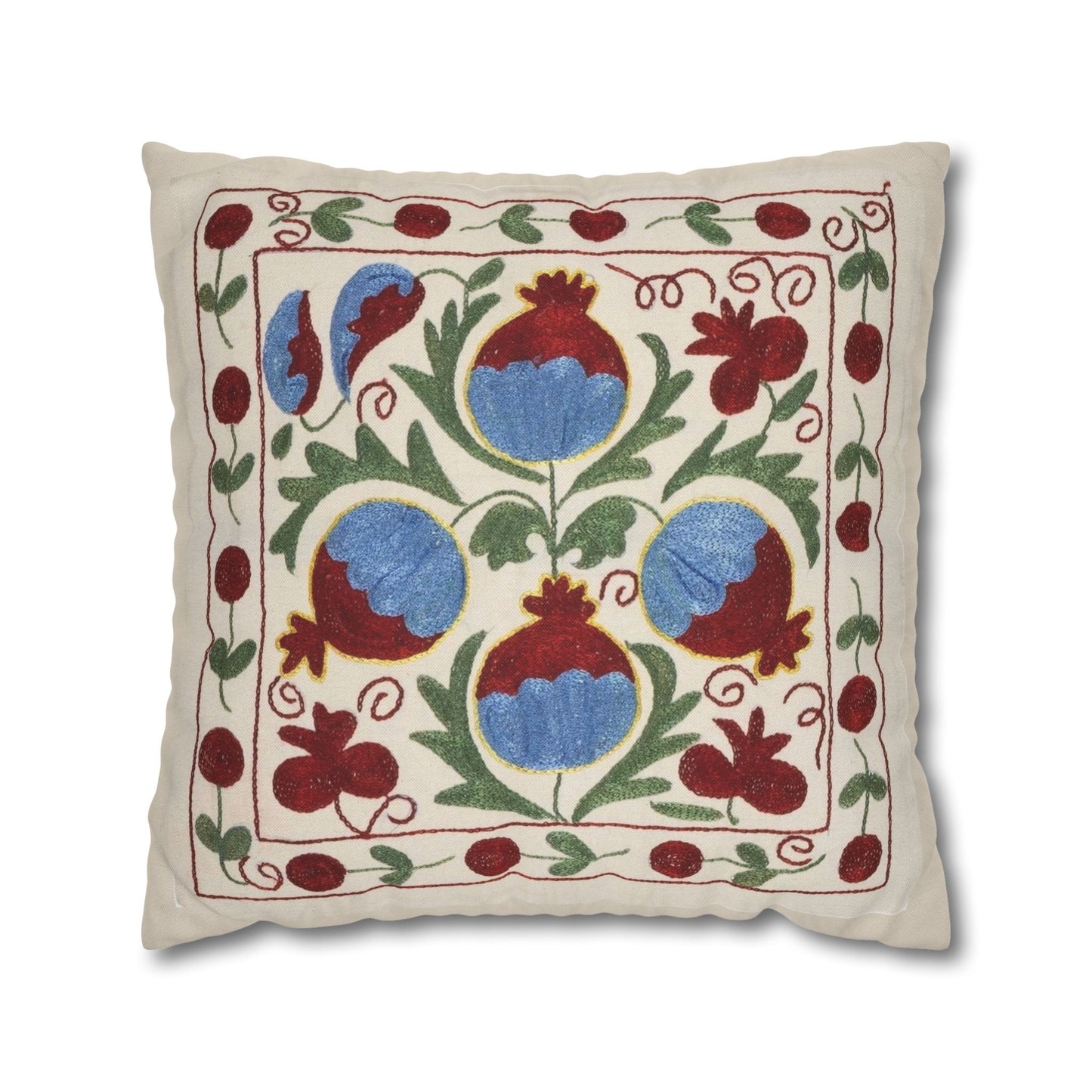 Blue Pomegranate Pillow Cover - Cream, Burgundy & Olive Green