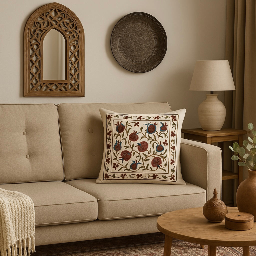 Pomegranate Print Pillow Cover - Cream & Maroon