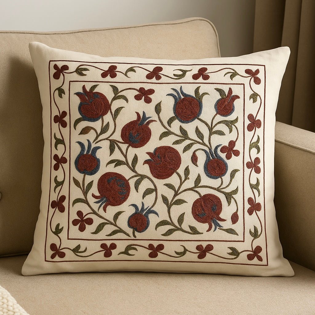 Pomegranate Print Pillow Cover - Cream & Maroon