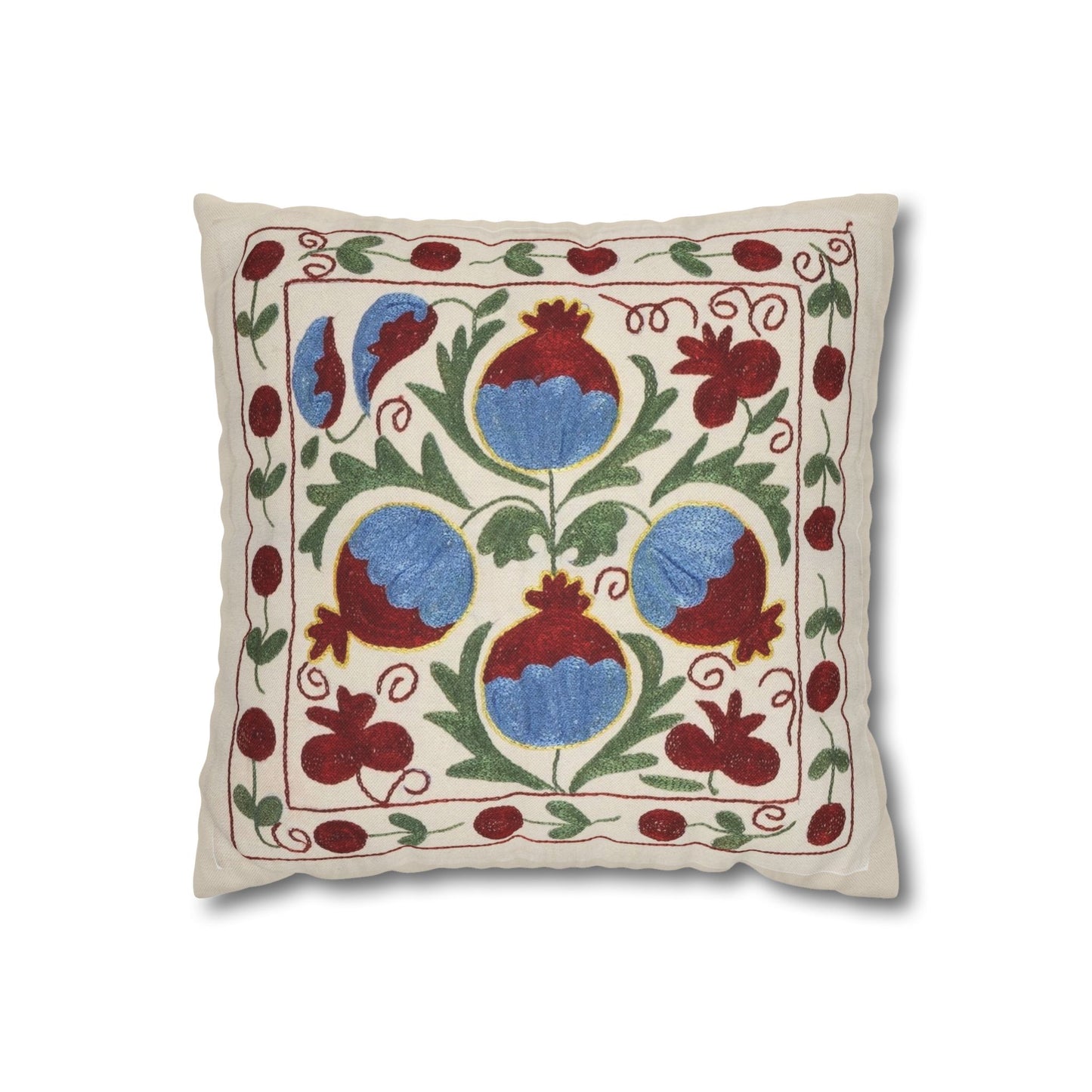 Blue Pomegranate Pillow Cover - Cream, Burgundy & Olive Green