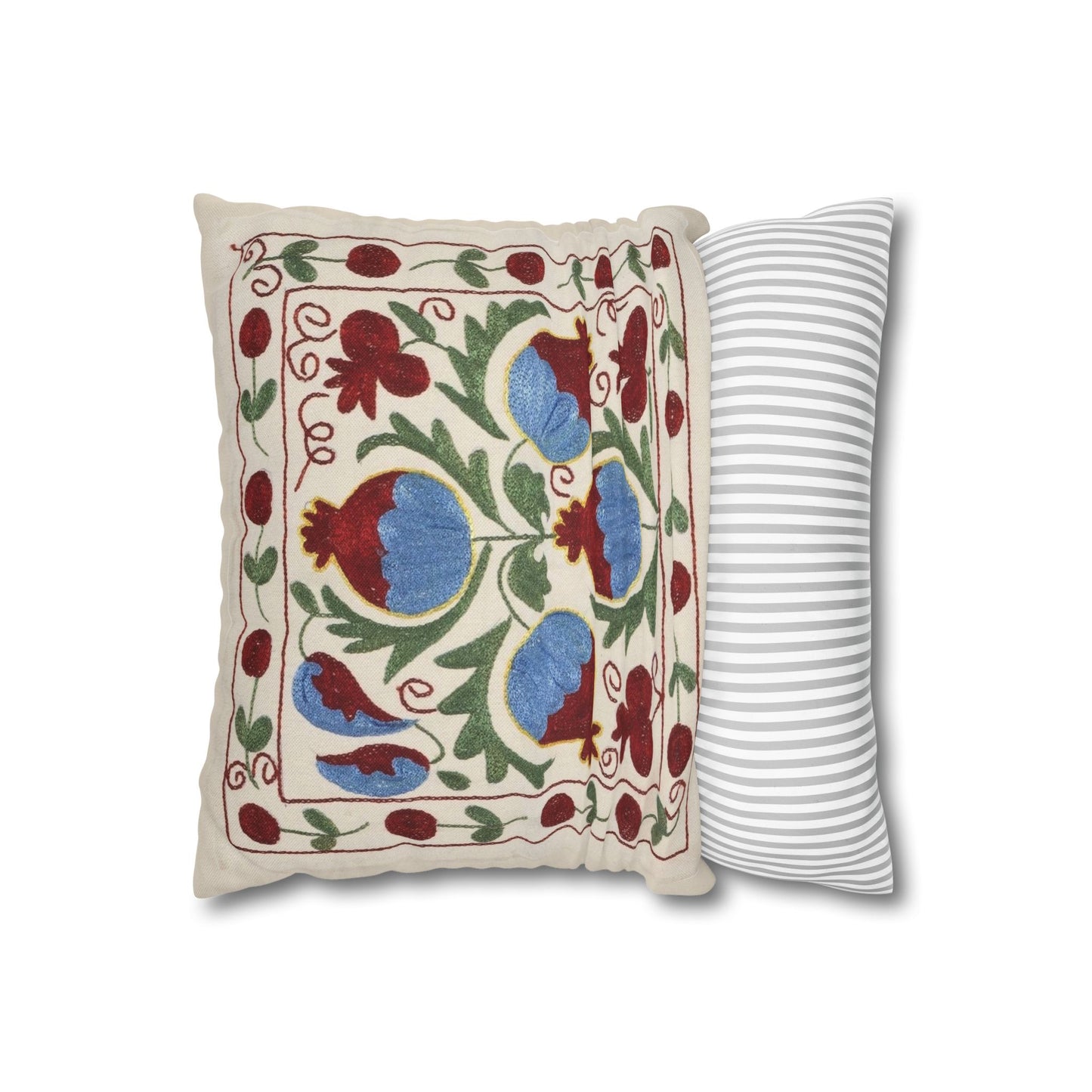 Blue Pomegranate Pillow Cover - Cream, Burgundy & Olive Green