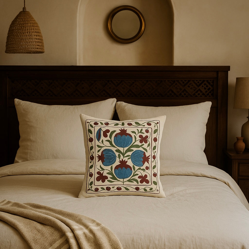 Blue Pomegranate Pillow Cover - Cream, Burgundy & Olive Green