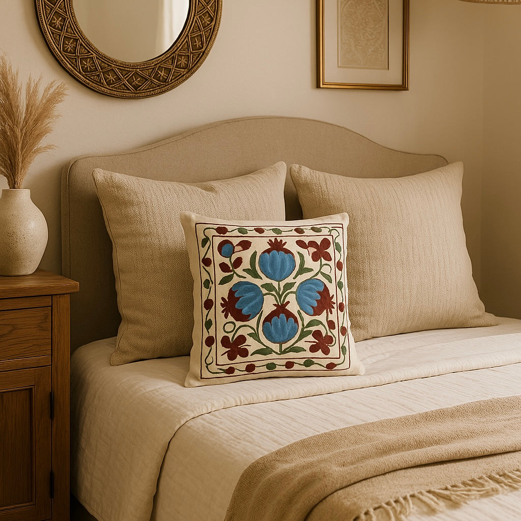 Blue Pomegranate Pillow Cover - Cream, Burgundy & Olive Green