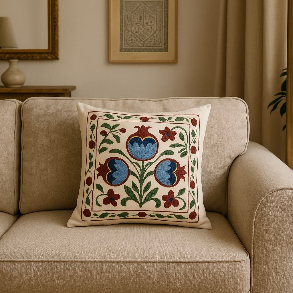Blue Pomegranate Pillow Cover - Cream, Burgundy & Olive Green